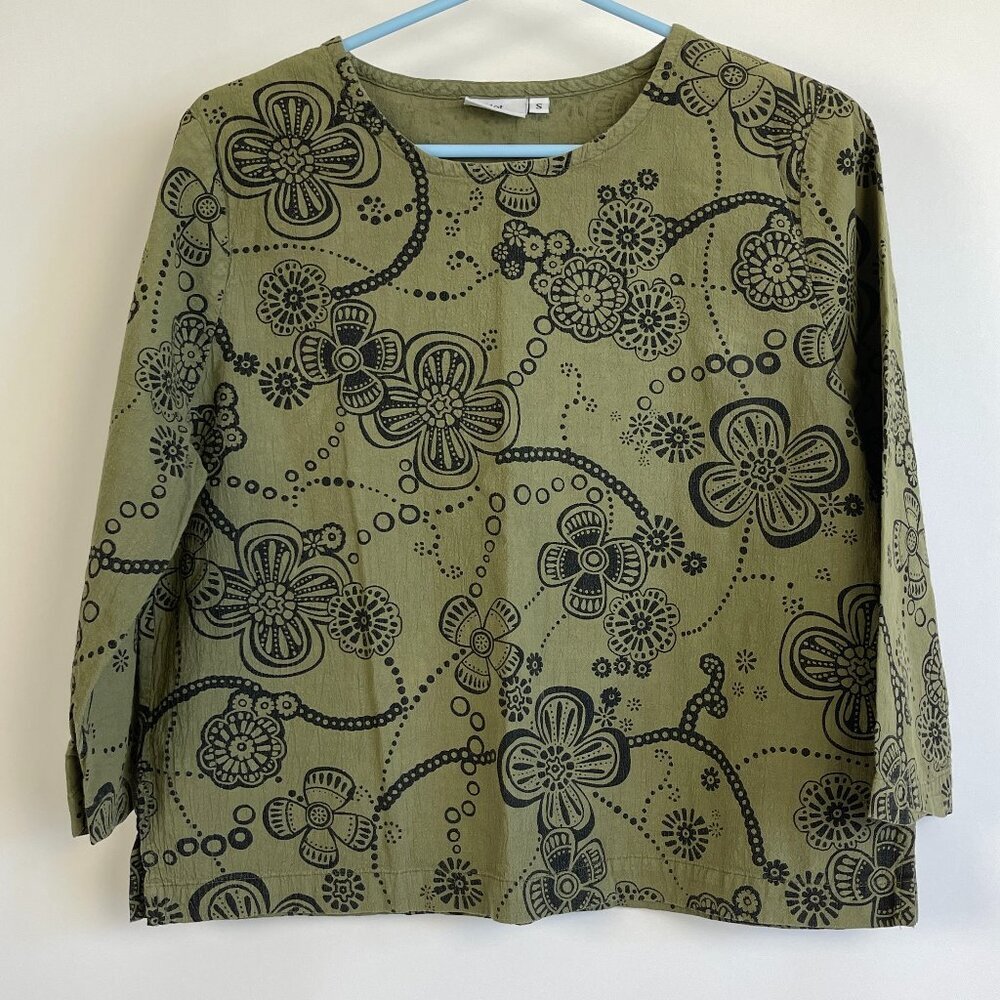Hot Cotton Womens Floral Print 3/4 Sleeve Top Size S Olive Black Round Neck Slit